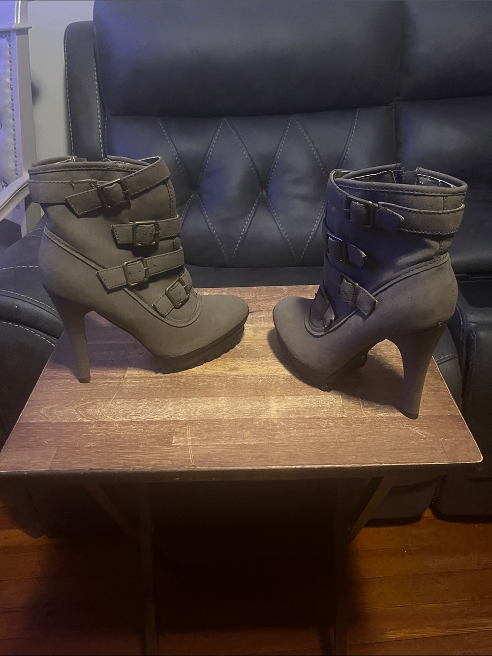 Anne Michelle Gray Suede Buckle Strap Stiletto Ankle Boots